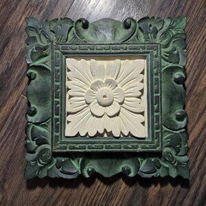 Vintage Style Concrete Flower Framed in a Solid Wood Floral 3-D Frame Art NWOT